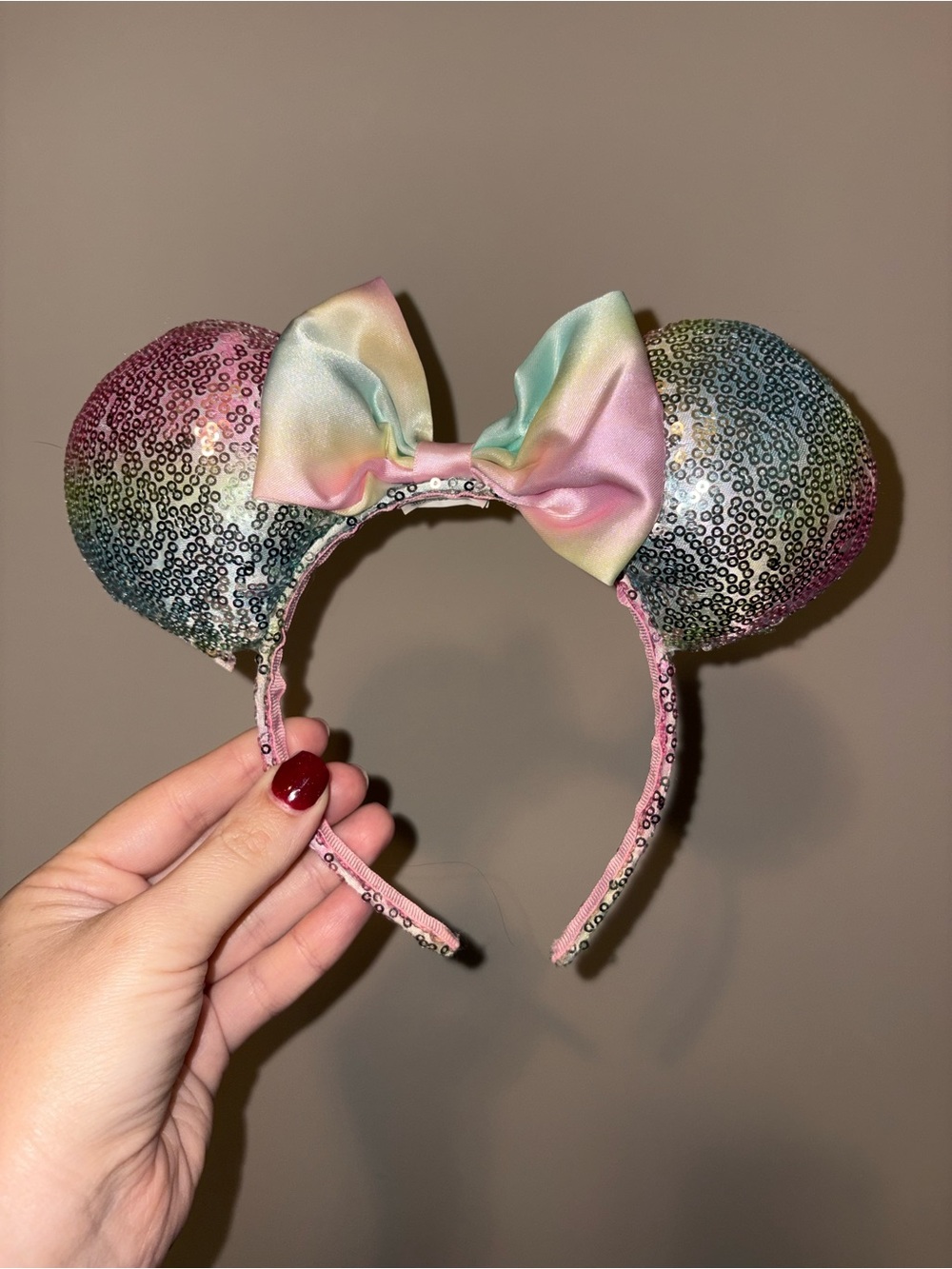 Disney Pastel Rainbow Sequin Mouse Ear Headband with Satin Bow